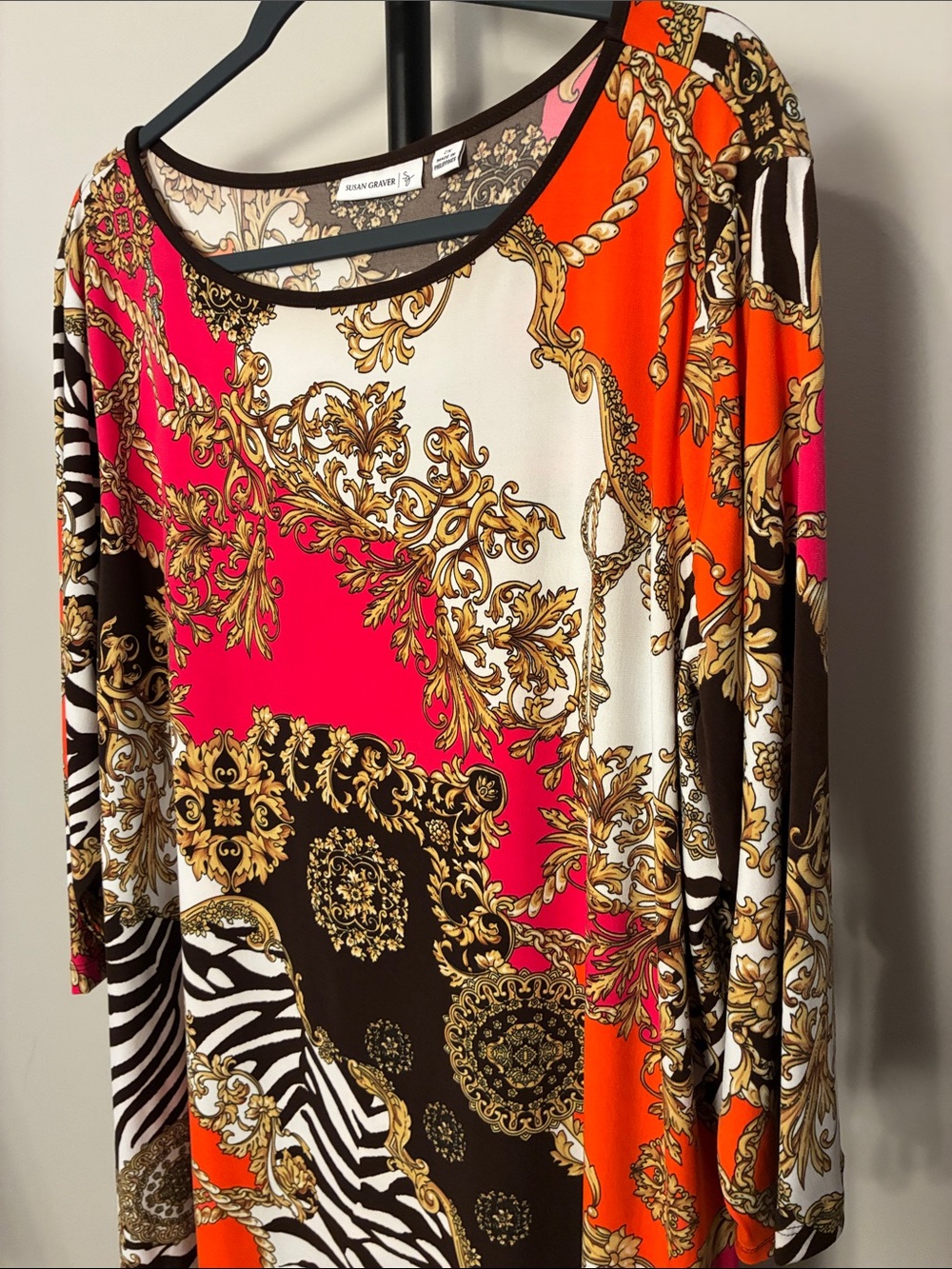 Susan Graver Bold Mixed-Print Animal Print Tunic Pink Orange Black White Plus 2X - Picture 2 of 7